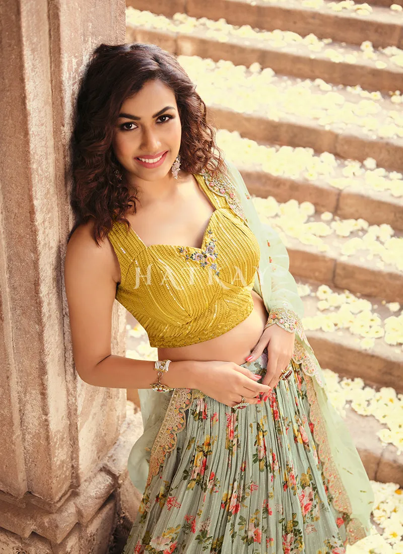 Pista Green Floral Sequence Embroidered Lehenga Choli