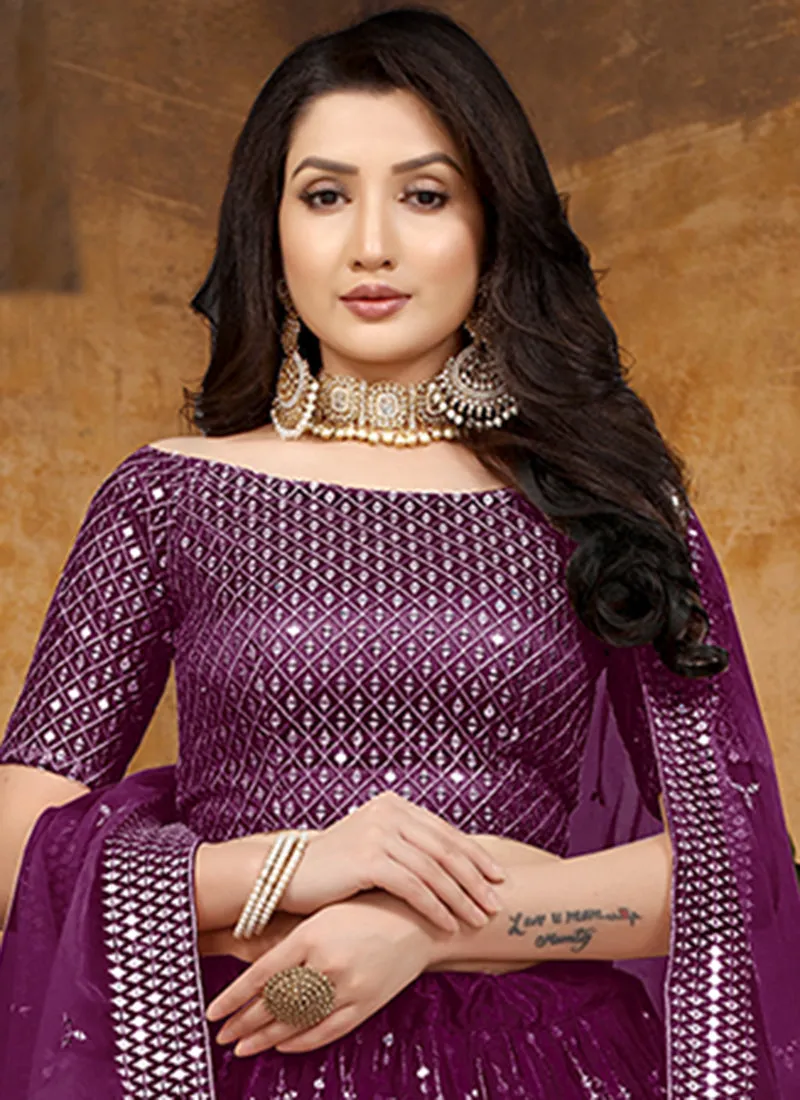 Plum Purple Mirror Work Net Lehenga Choli
