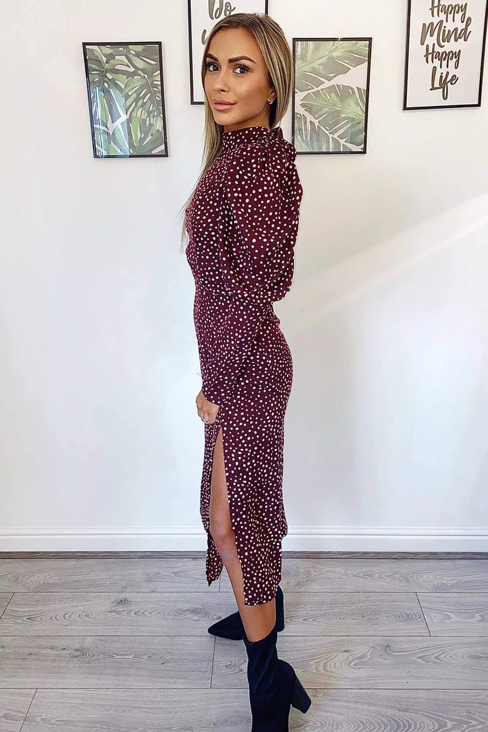 Plum Spotty High Neck Midi Dress