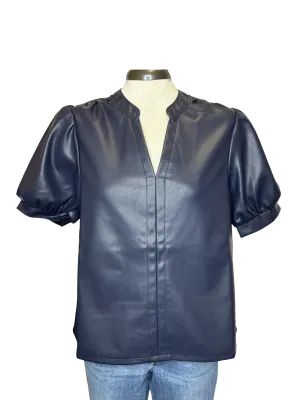 Puff Sleeve Leather Top Navy