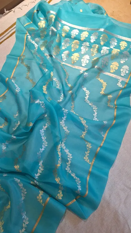 Pure Banarasi Iktara Kora Organza Handloom Kadhua Silk Saree