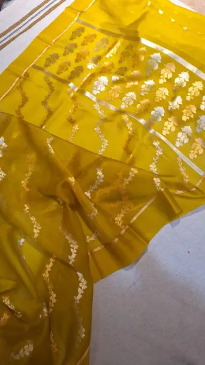 Pure Banarasi Iktara Kora Organza Handloom Kadhua Silk Saree