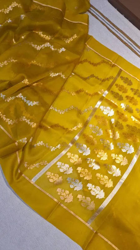 Pure Banarasi Iktara Kora Organza Handloom Kadhua Silk Saree