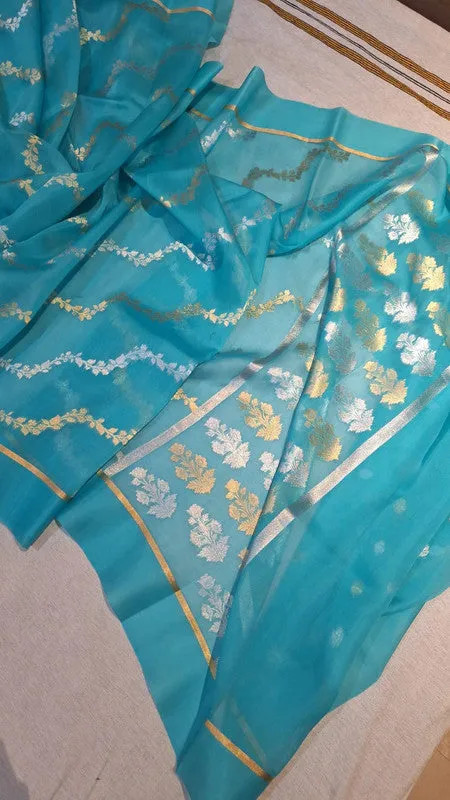 Pure Banarasi Iktara Kora Organza Handloom Kadhua Silk Saree