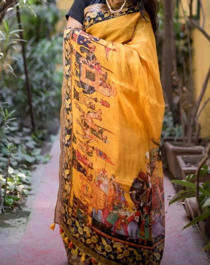 Pure Linen Saree In Yellow