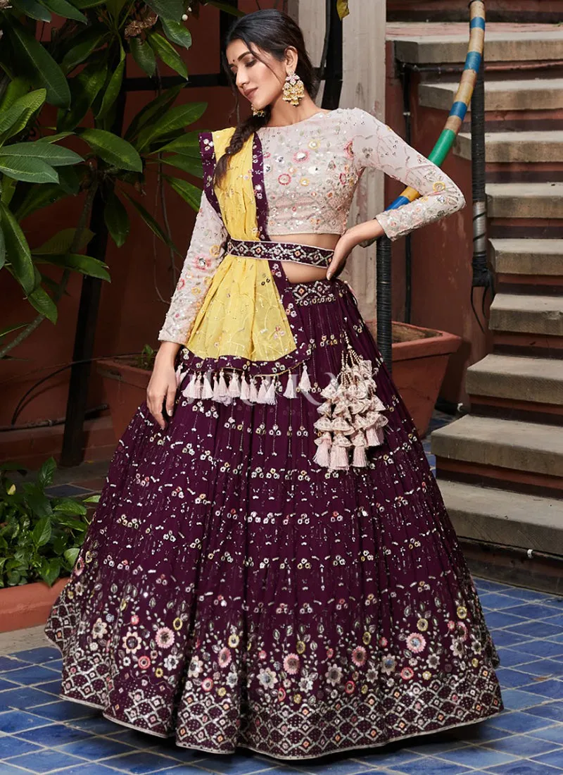 Purple And Yellow Embroidered Georgette Lehenga Choli