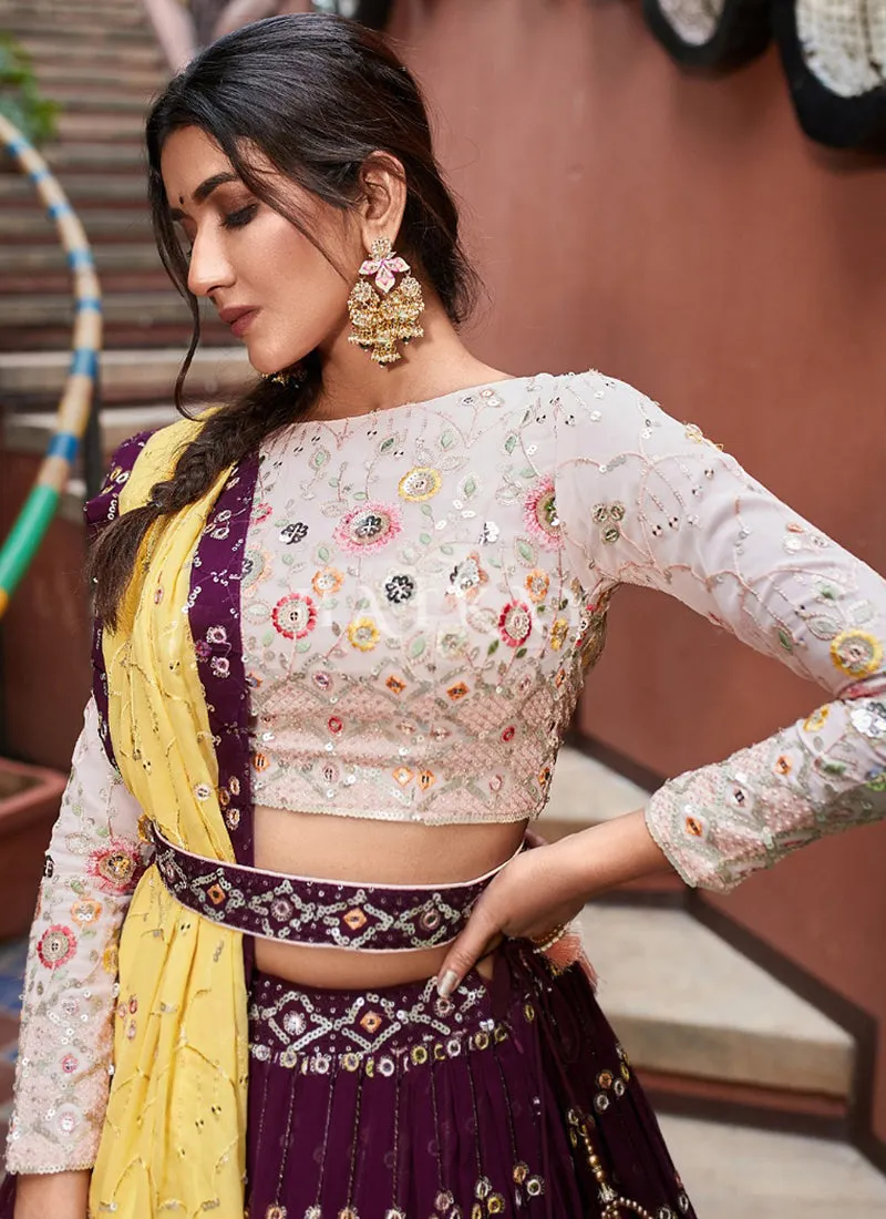 Purple And Yellow Embroidered Georgette Lehenga Choli