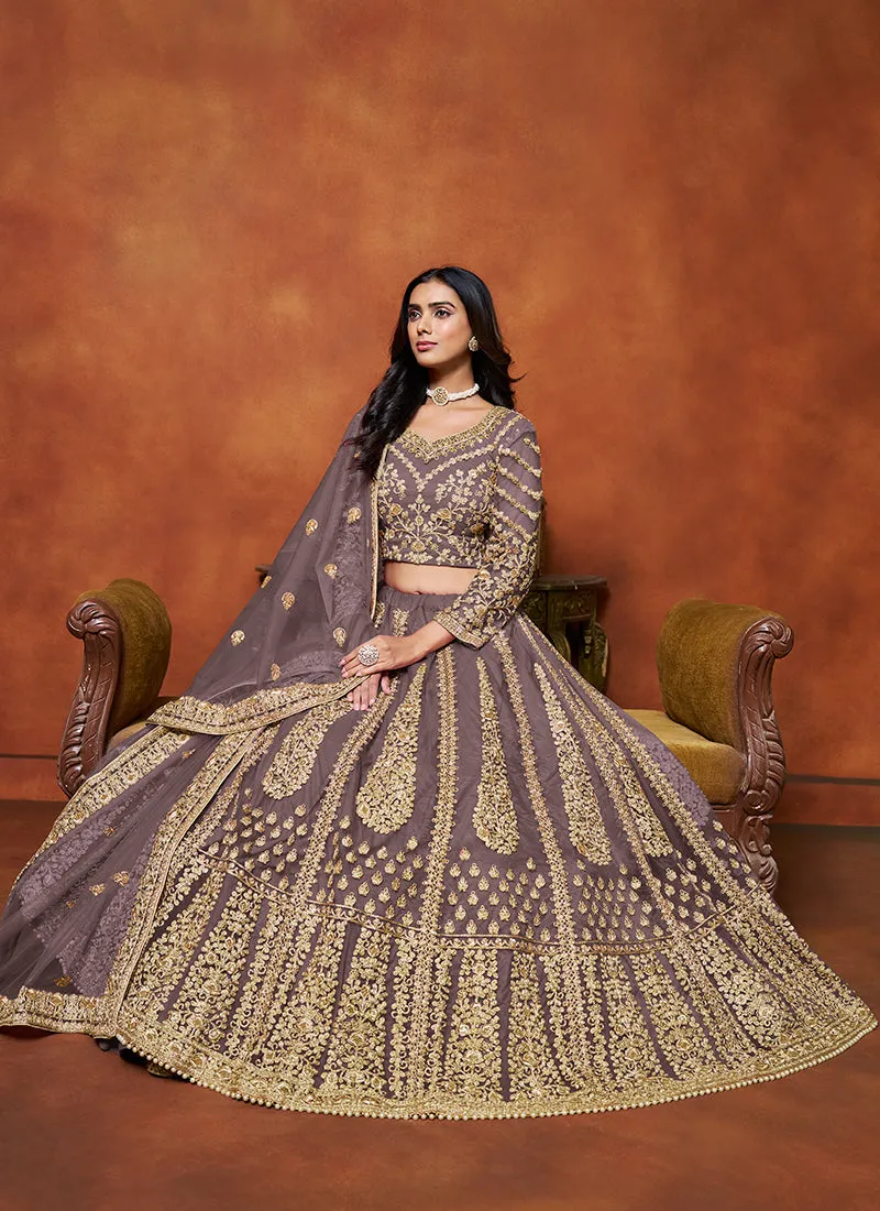 Purple Embroidered Net Lehenga Choli