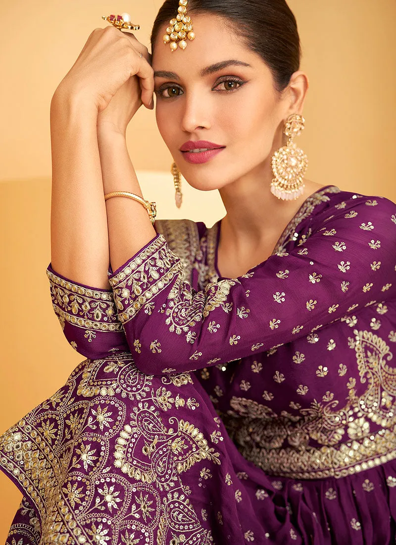 Purple Georgette Embroidered Sharara Style Suit