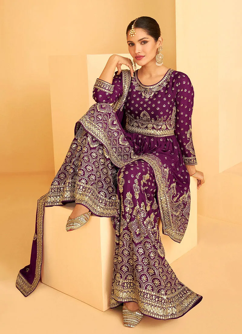 Purple Georgette Embroidered Sharara Style Suit