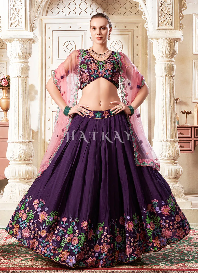 Purple Reshamkari Embroidery Bridal Lehenga Choli