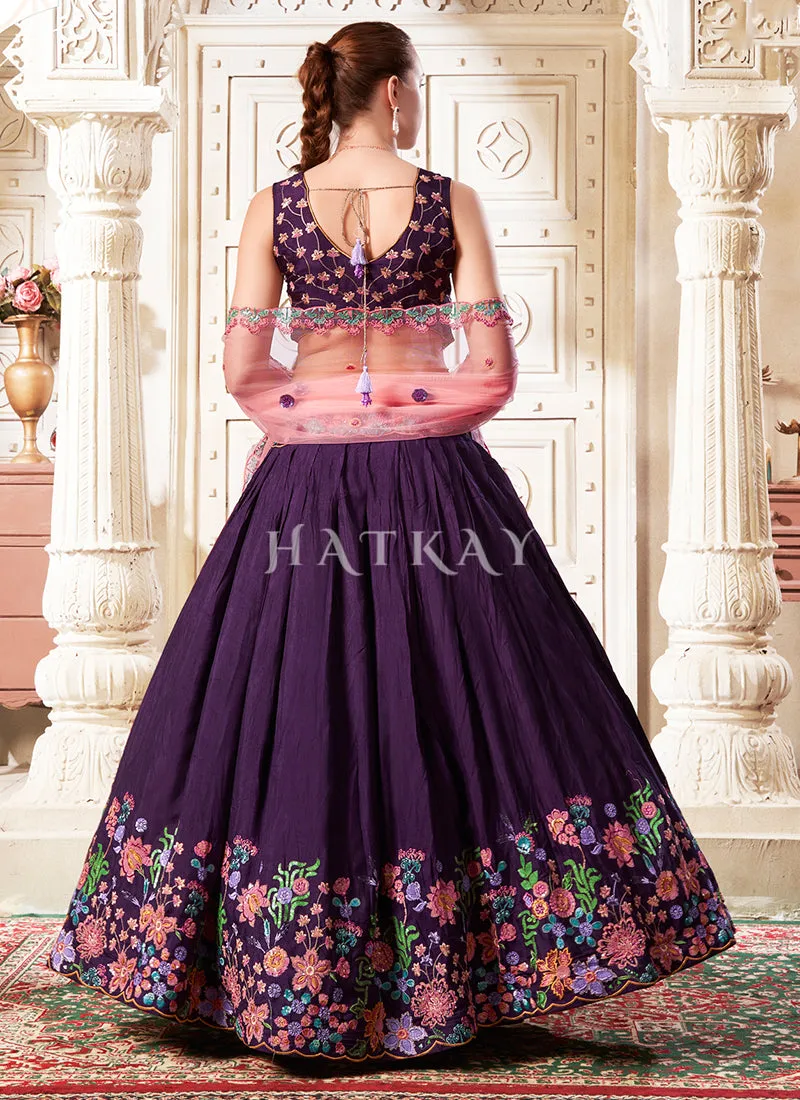 Purple Reshamkari Embroidery Bridal Lehenga Choli