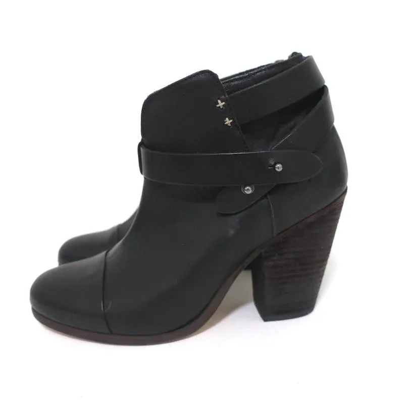 Rag & Bone Harrow Ankle Boots Black Leather Size 37.5 Ankle Strap Booties