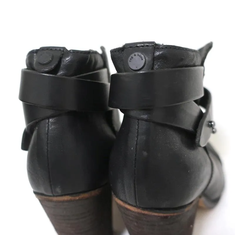 Rag & Bone Harrow Ankle Boots Black Leather Size 37.5 Ankle Strap Booties