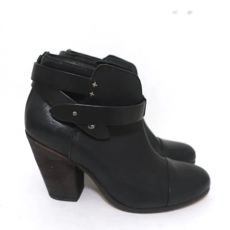 Rag & Bone Harrow Ankle Boots Black Leather Size 37.5 Ankle Strap Booties