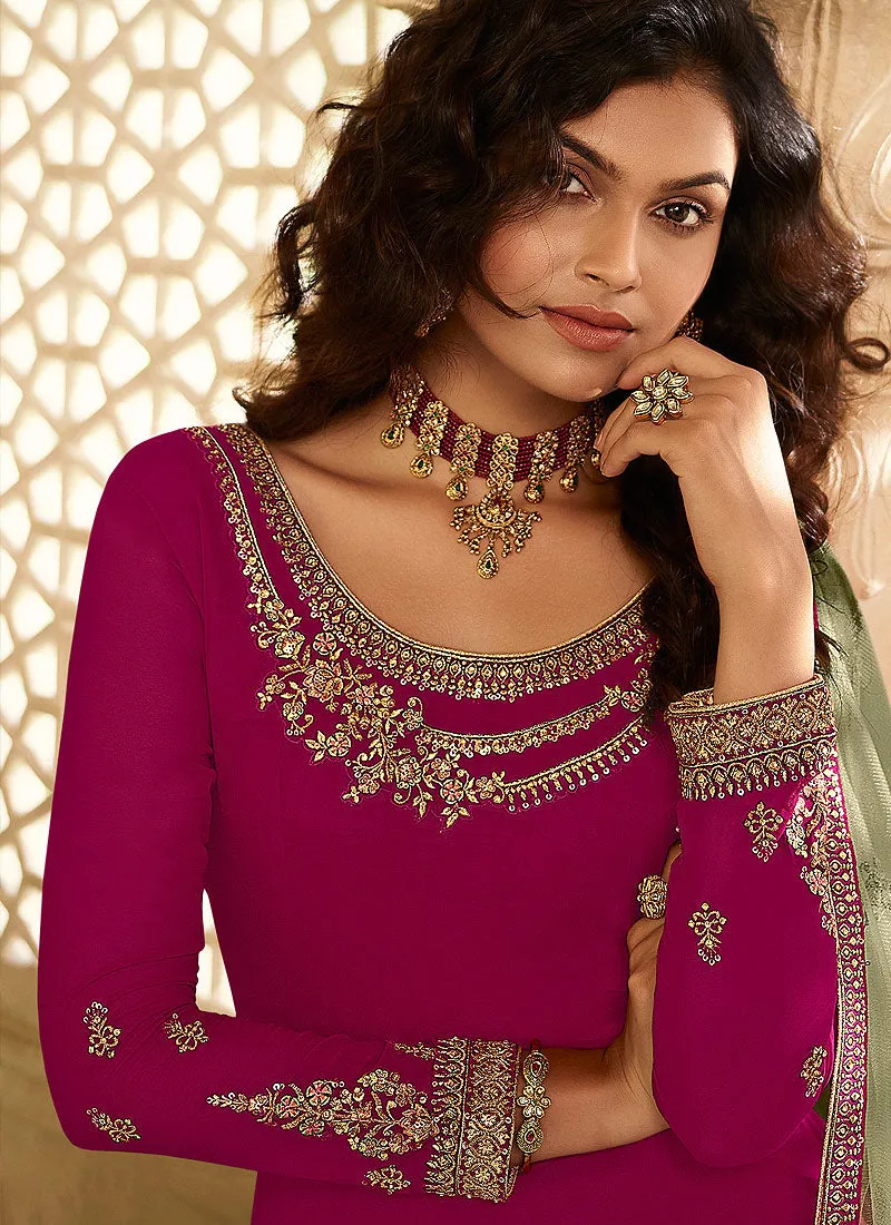 Rani Pink And Green Multi Embroidered Lehenga Suit