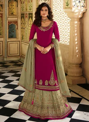 Rani Pink And Green Multi Embroidered Lehenga Suit