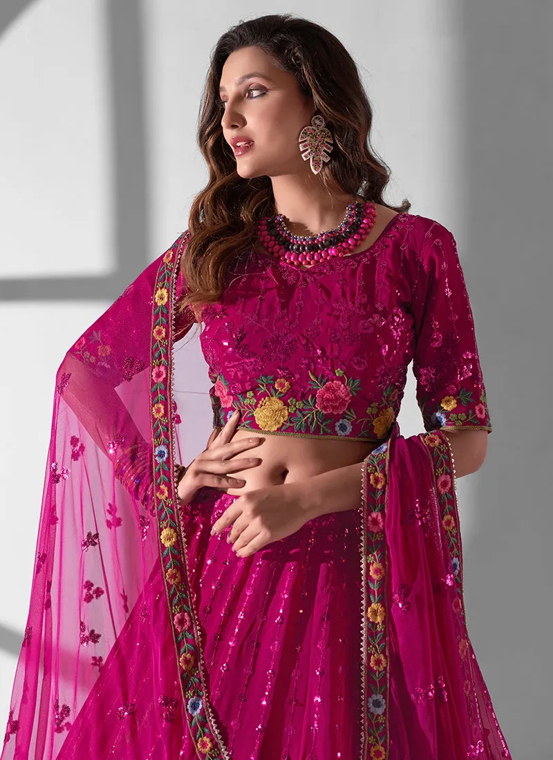 Rani Pink Multi Embroidery Designer Lehenga Choli With Dupatta