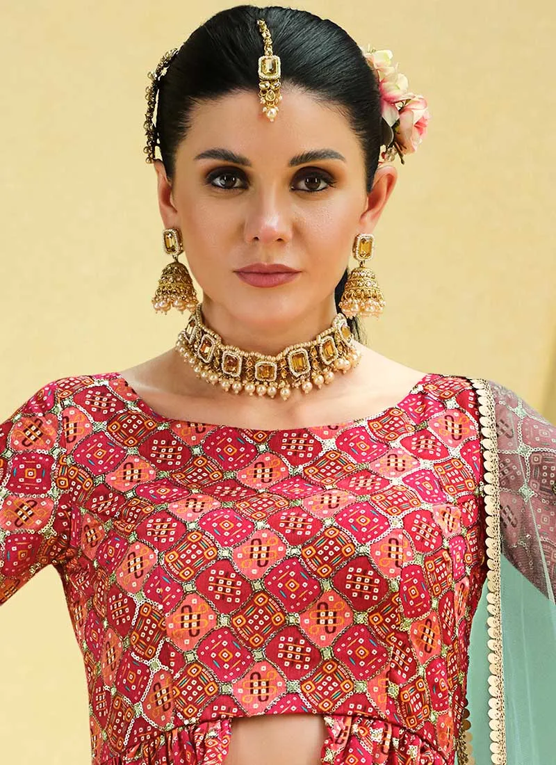 Red And Blue Sequence Embroidery Lehenga Choli
