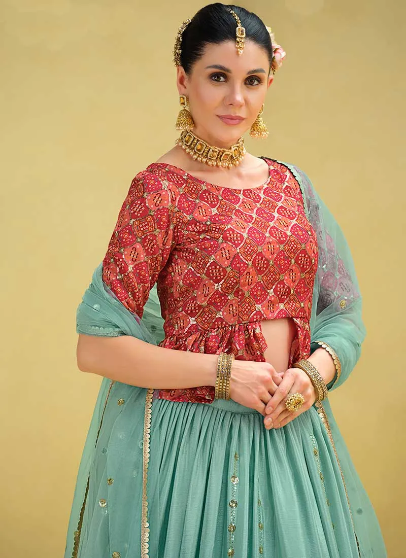 Red And Blue Sequence Embroidery Lehenga Choli