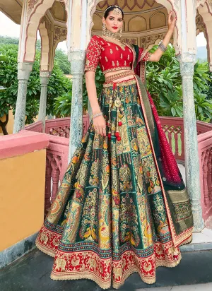 Red And Green Multi Embroidery Wedding Lehenga Choli