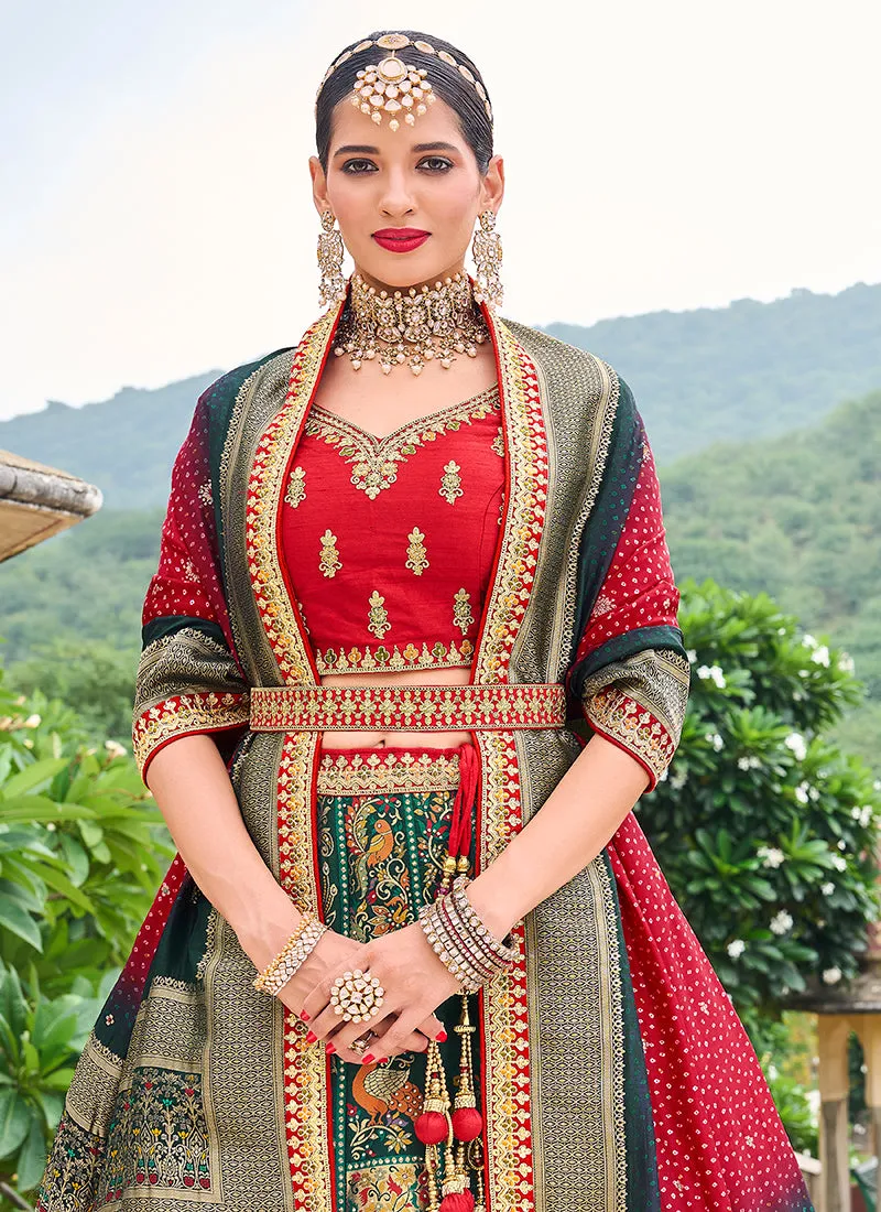 Red And Green Multi Embroidery Wedding Lehenga Choli