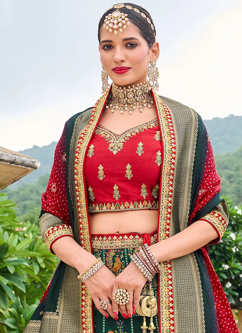 Red And Green Multi Embroidery Wedding Lehenga Choli