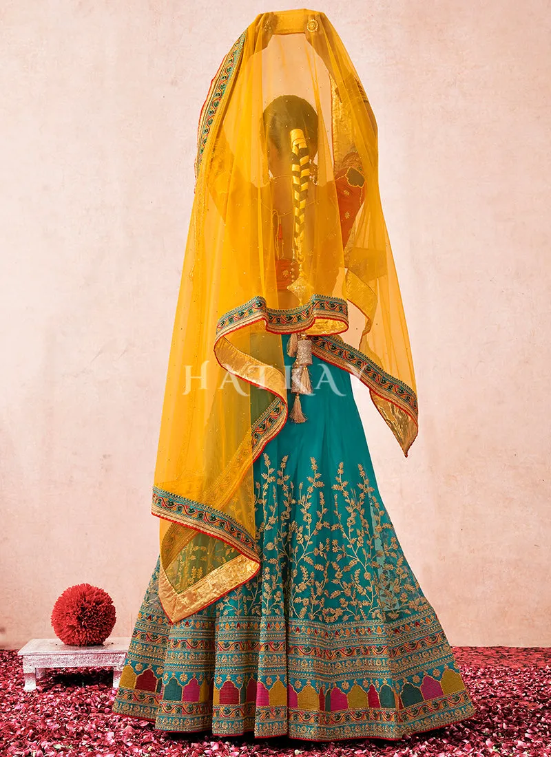 Red And Turquoise Multi Embroidered Traditional Lehenga Choli