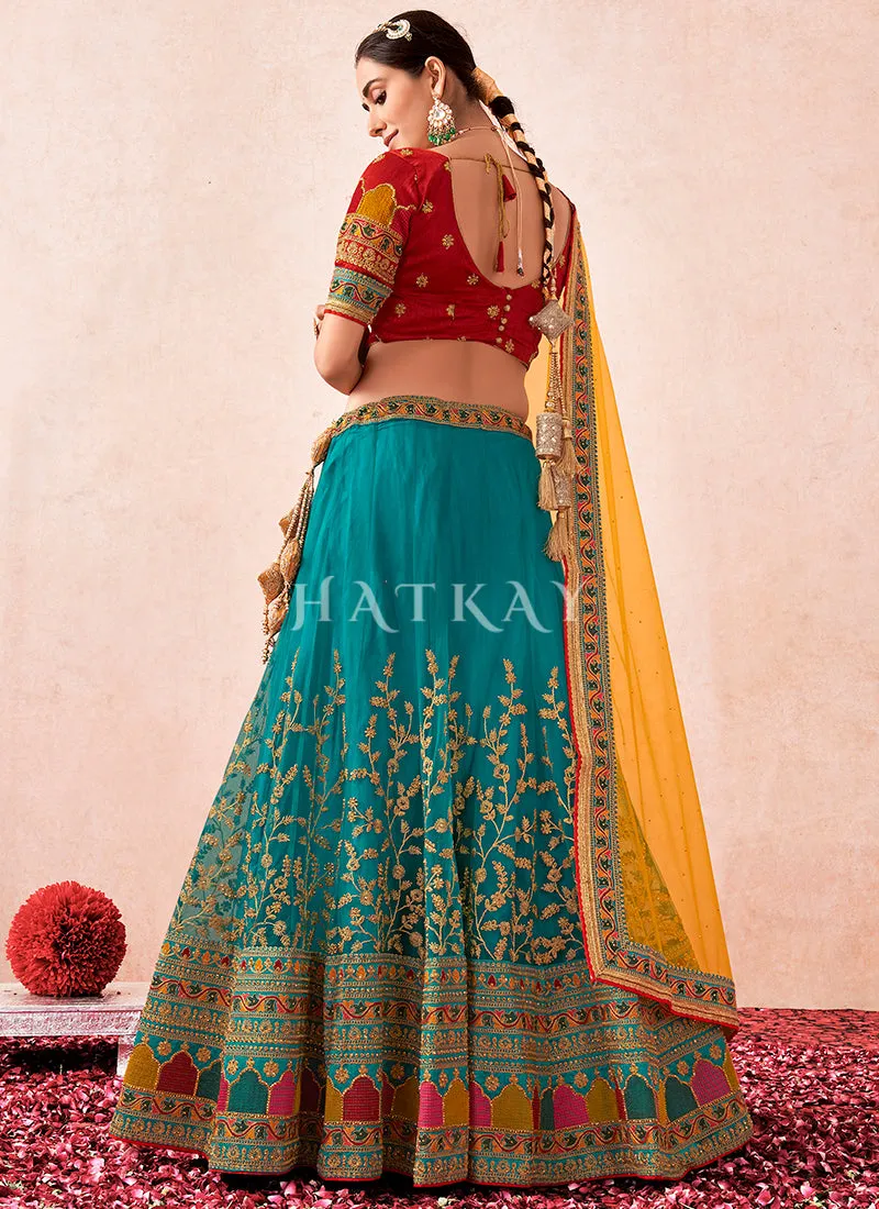 Red And Turquoise Multi Embroidered Traditional Lehenga Choli