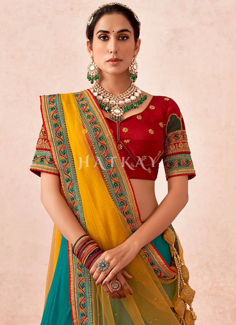 Red And Turquoise Multi Embroidered Traditional Lehenga Choli