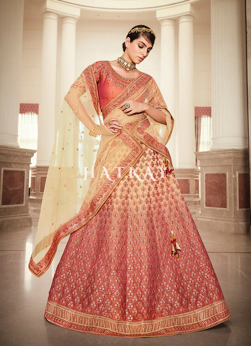 Red Golden Shaded Embroidered Lehenga Choli