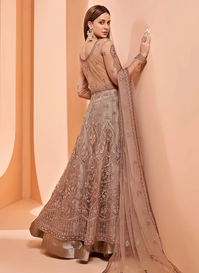 Rose Gold Designer Embroidered Slit Style Anarkali