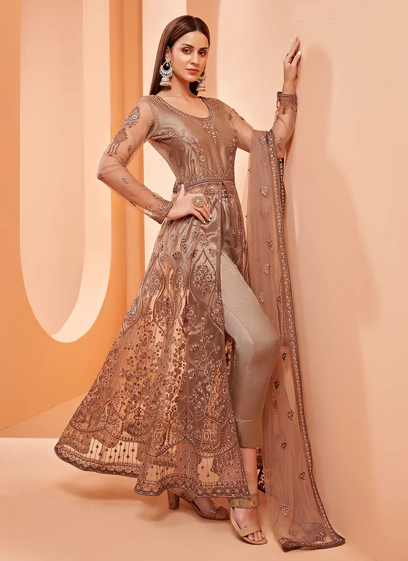 Rose Gold Designer Embroidered Slit Style Anarkali