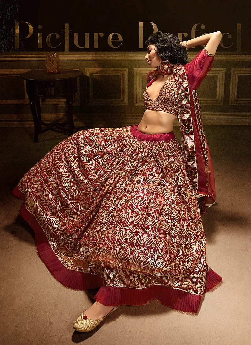 Rouge Red Embroidered Party Wear Lehenga Choli