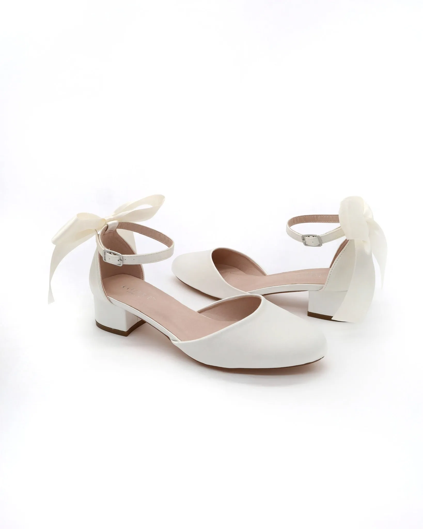 Round Toe Satin Block Heel with Back Satin Bow