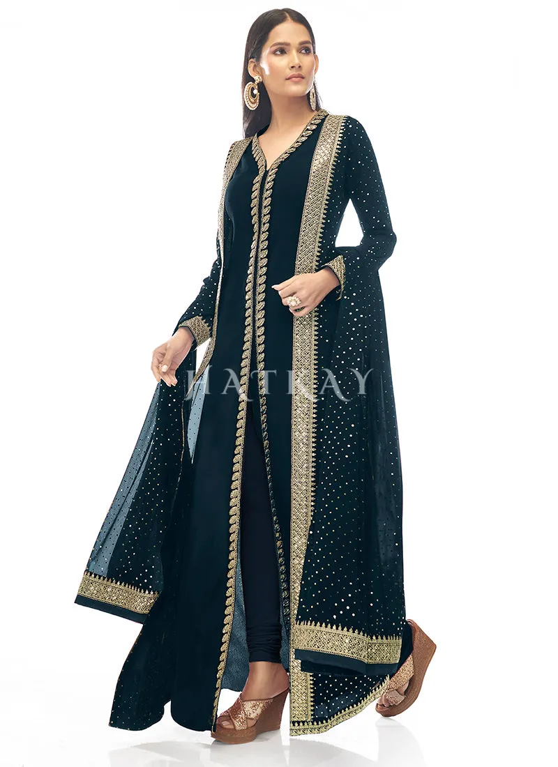 Royal Blue Embroidered Jacket Style Pant Suit