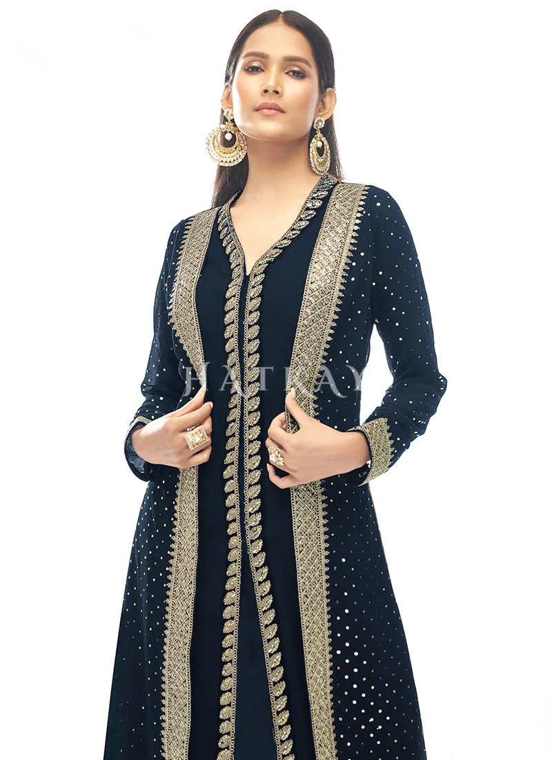 Royal Blue Embroidered Jacket Style Pant Suit