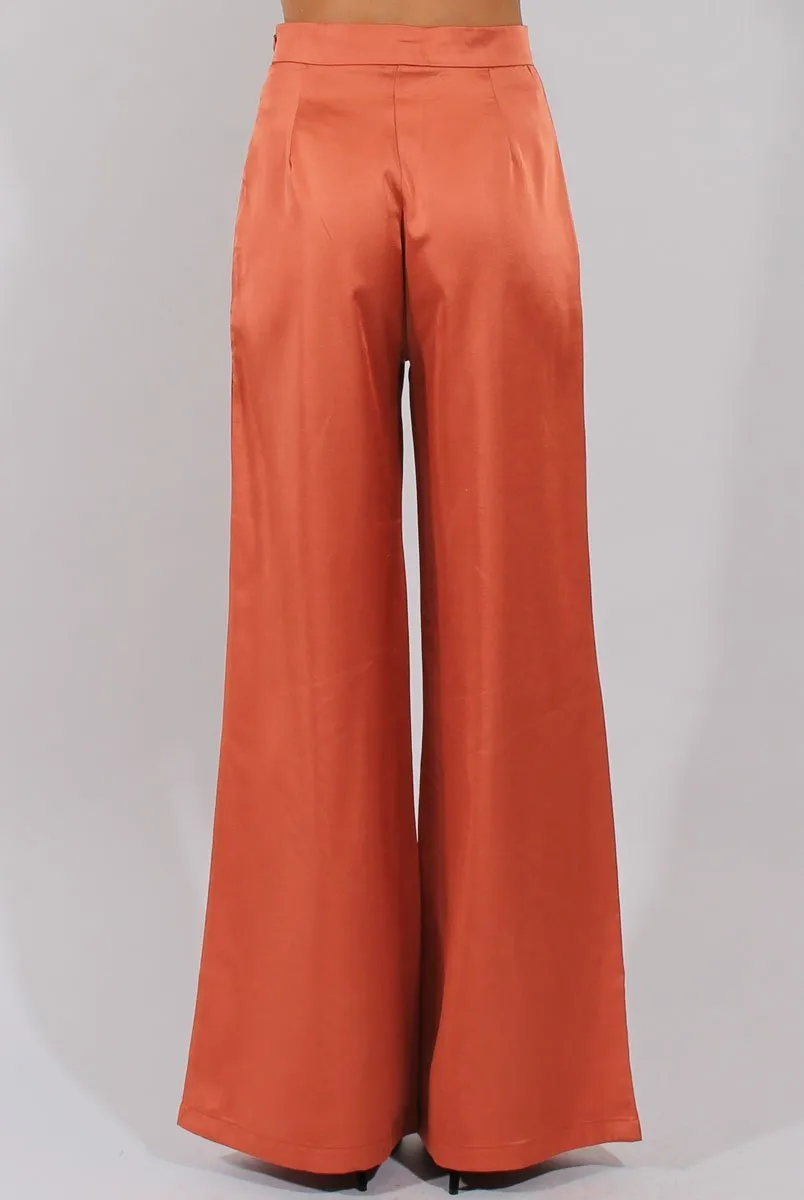 Rust High Waisted Satin Trousers - Alexia