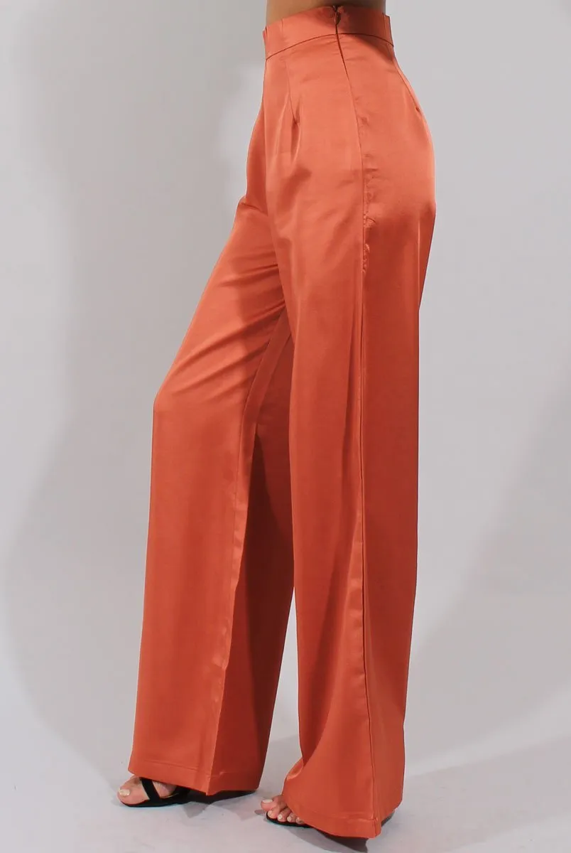 Rust High Waisted Satin Trousers - Alexia