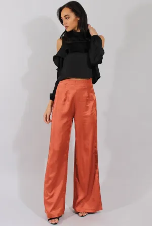 Rust High Waisted Satin Trousers - Alexia