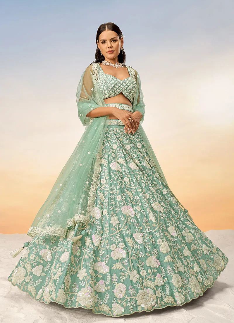 Sage Green Sequence Embroidery Bridal Lehenga Choli For Indian Wedding