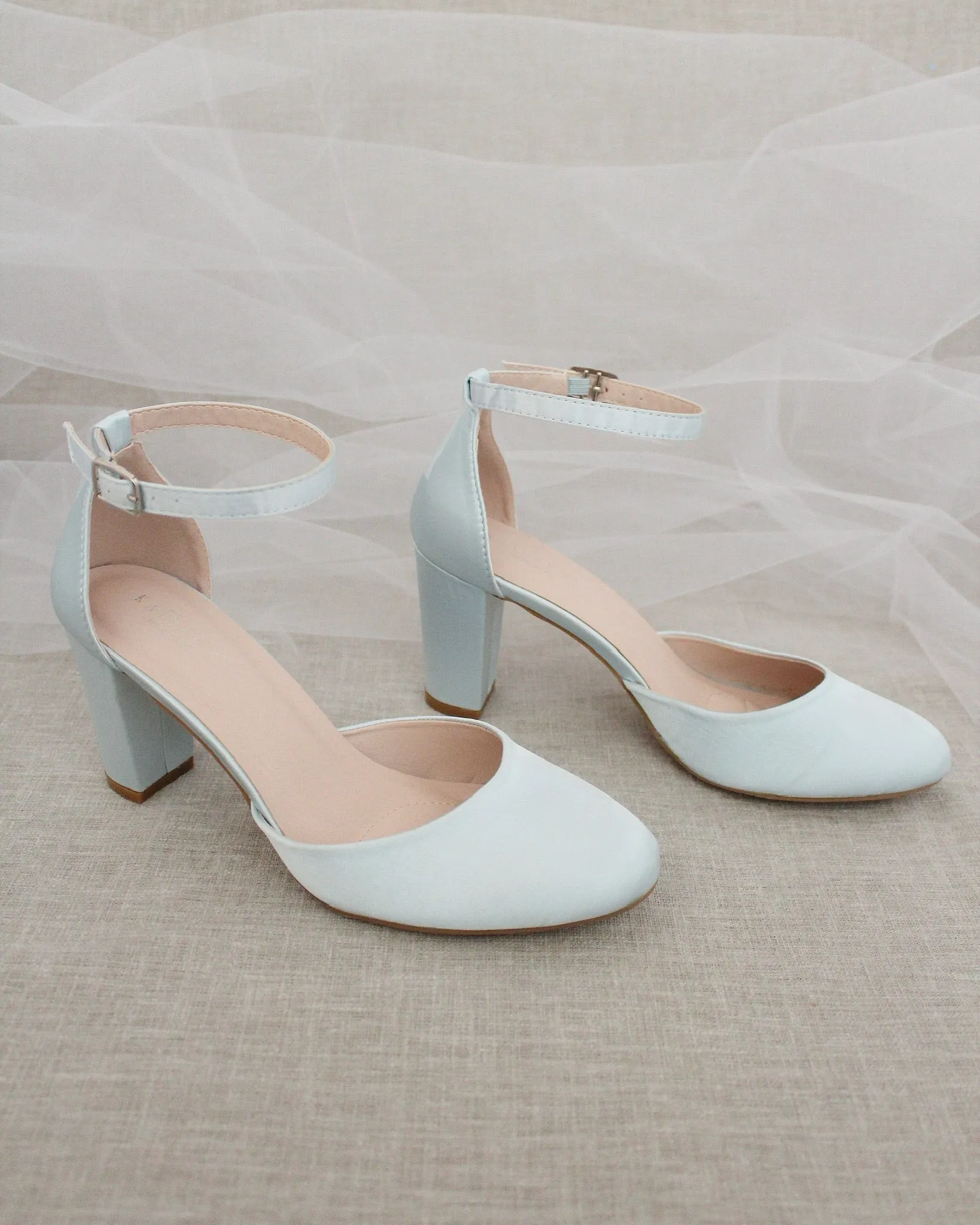 Satin Block Heel with Ankle Strap