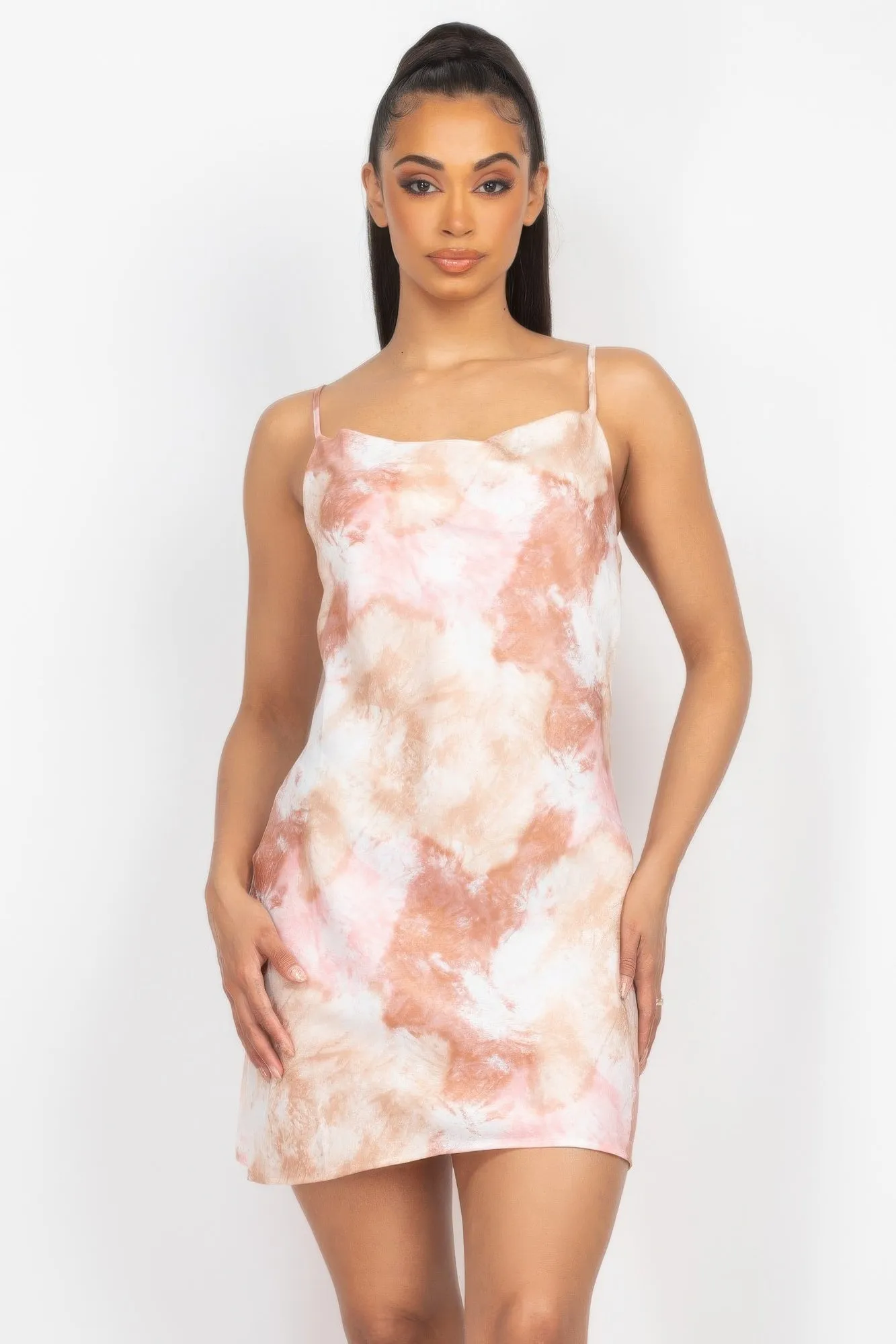 Satin Print Cowl Neck Dress