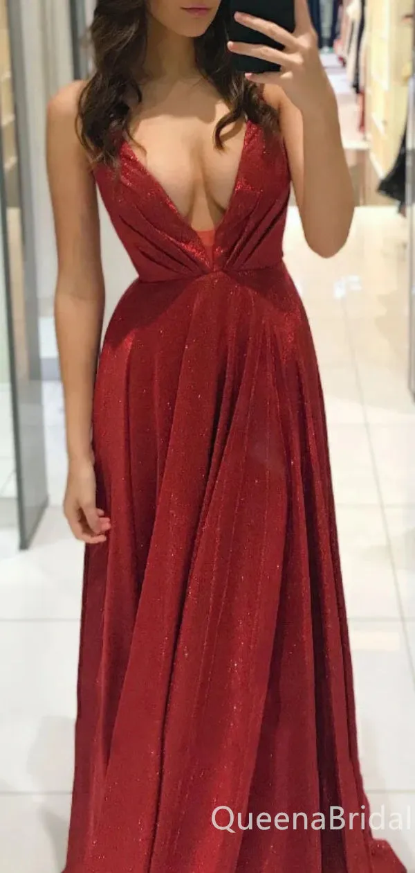 Sexy Elegant A-line Sparkle Plunging Evening Gown Long Prom Dresses with Pleats,WGP726