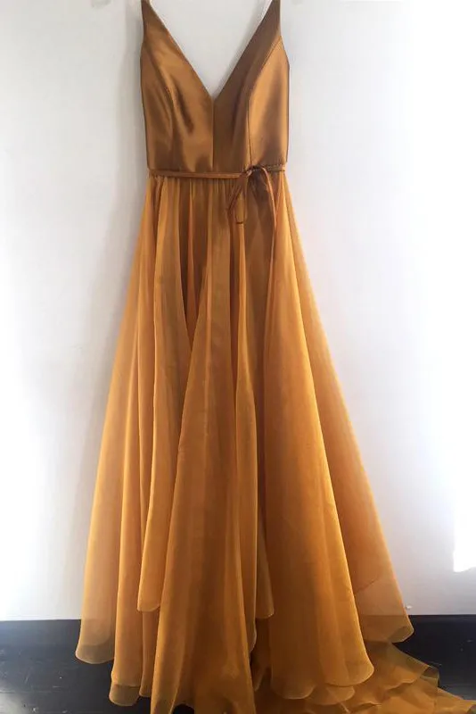 Sexy Simple Cheap A Line Spaghetti Straps Sweep Train Sleeveless Long Organza Prom Dresses OHC249