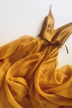Sexy Simple Cheap A Line Spaghetti Straps Sweep Train Sleeveless Long Organza Prom Dresses OHC249