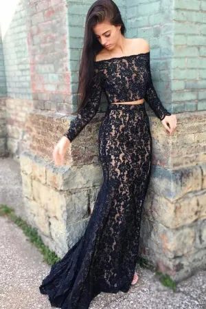 Sexy Two Pieces Mermaid Off The Shoulder Long Sleeves Long Lace Evening Dress Prom Dresses OHC428
