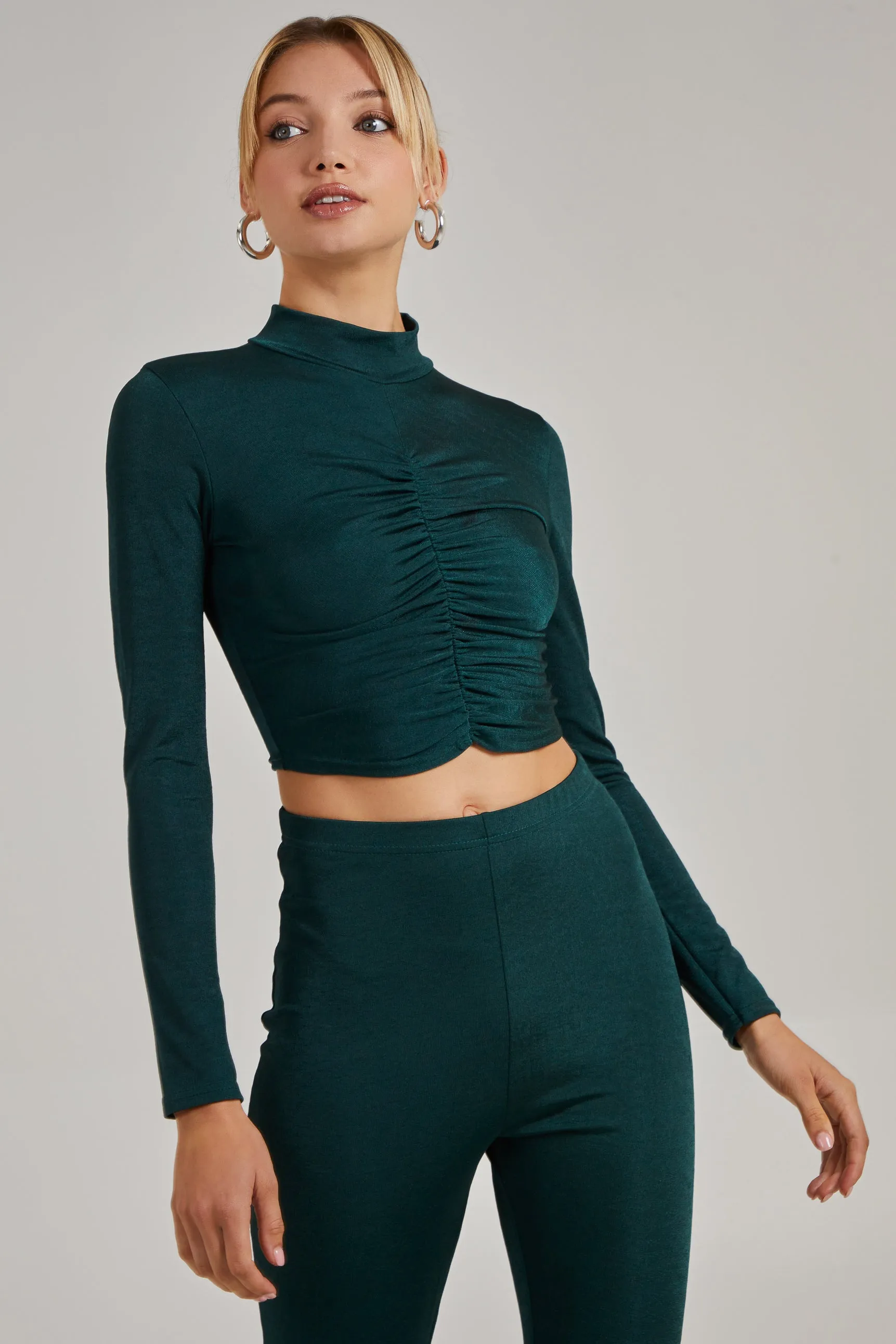 Shimmer Ruched Long Sleeve High Neck Top