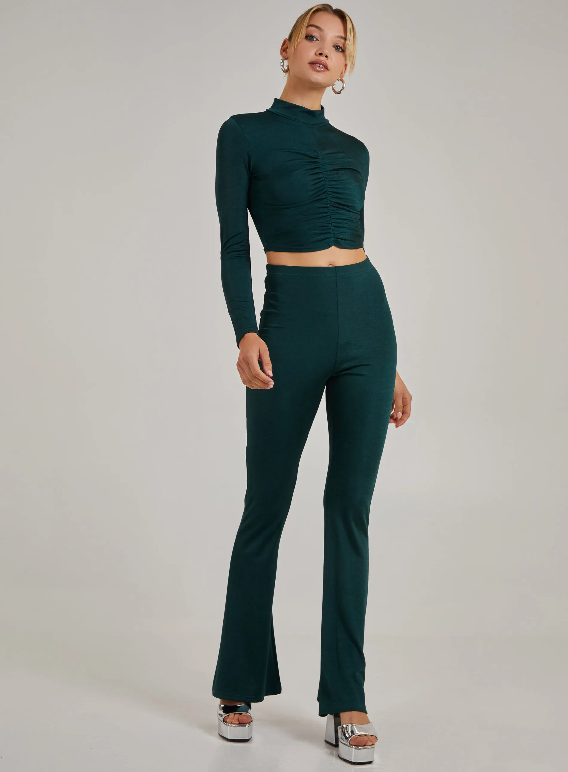 Shimmer Ruched Long Sleeve High Neck Top