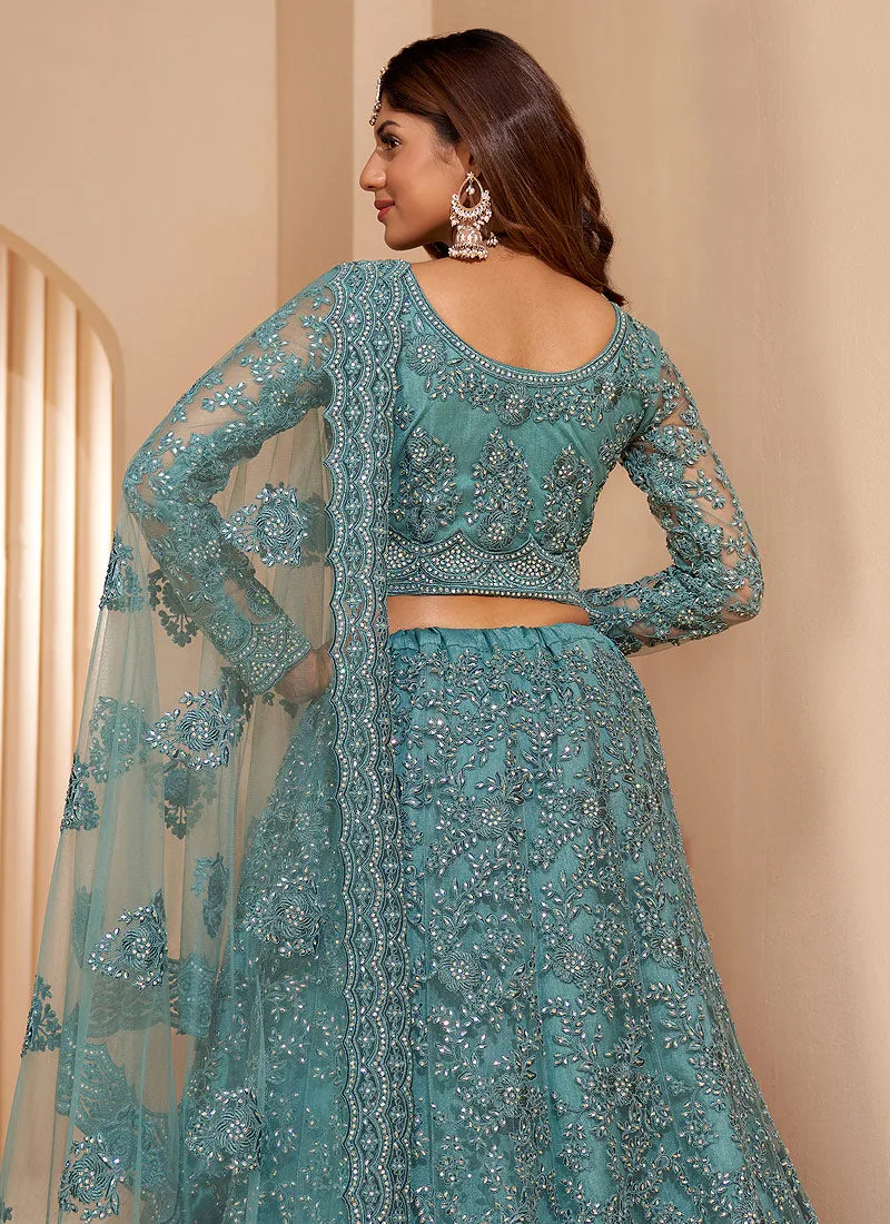 Sky Blue Crystal Embroidered Wedding Lehenga Choli